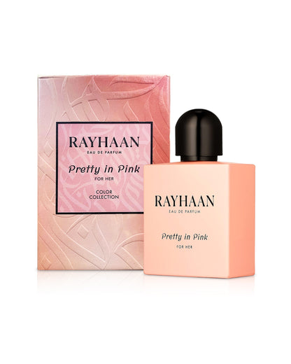 rayhaan perfume pretty in pink perfume bottle shows beside its box against white background