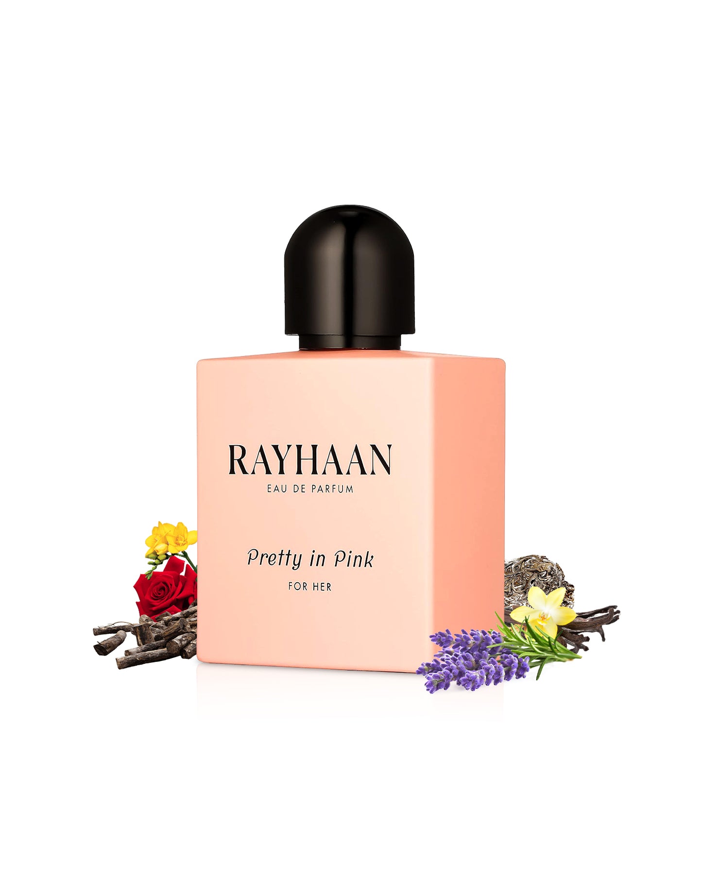 rayhaan perfume pretty in pink perfume bottle surrounded with its ingredients like rose and vanilla shows from behind the bottle against white background