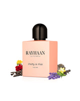 RAYHAAN PRETTY IN PINK Parfum bottle with floral elements on a white background