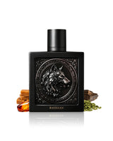 rayhaan wolf perfume bottle surrounded by fragrance notes like amber and cardamom  shows against white background