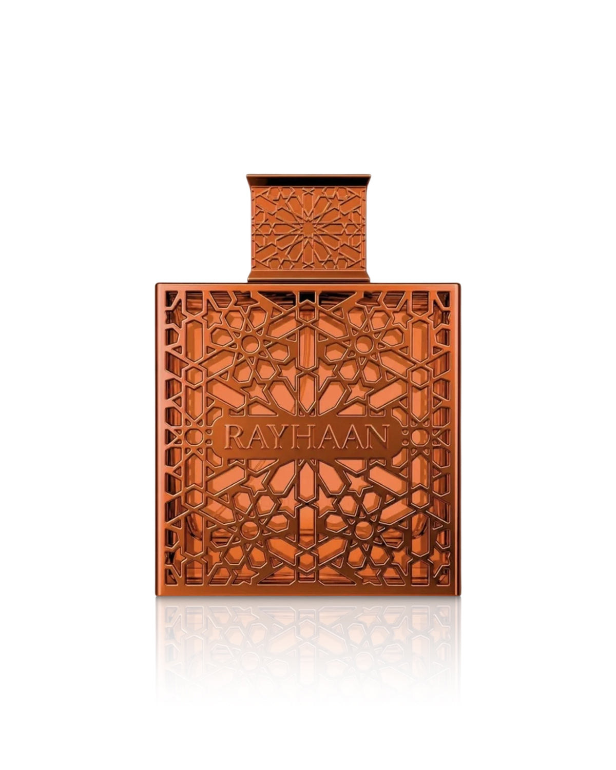 Rayhaan vantage perfume bottle in a warm copper-orange tone with intricate geometric cutout patterns and the brand name 'RAYHAAN' embossed on the front, centered on a white background with a soft reflection below.