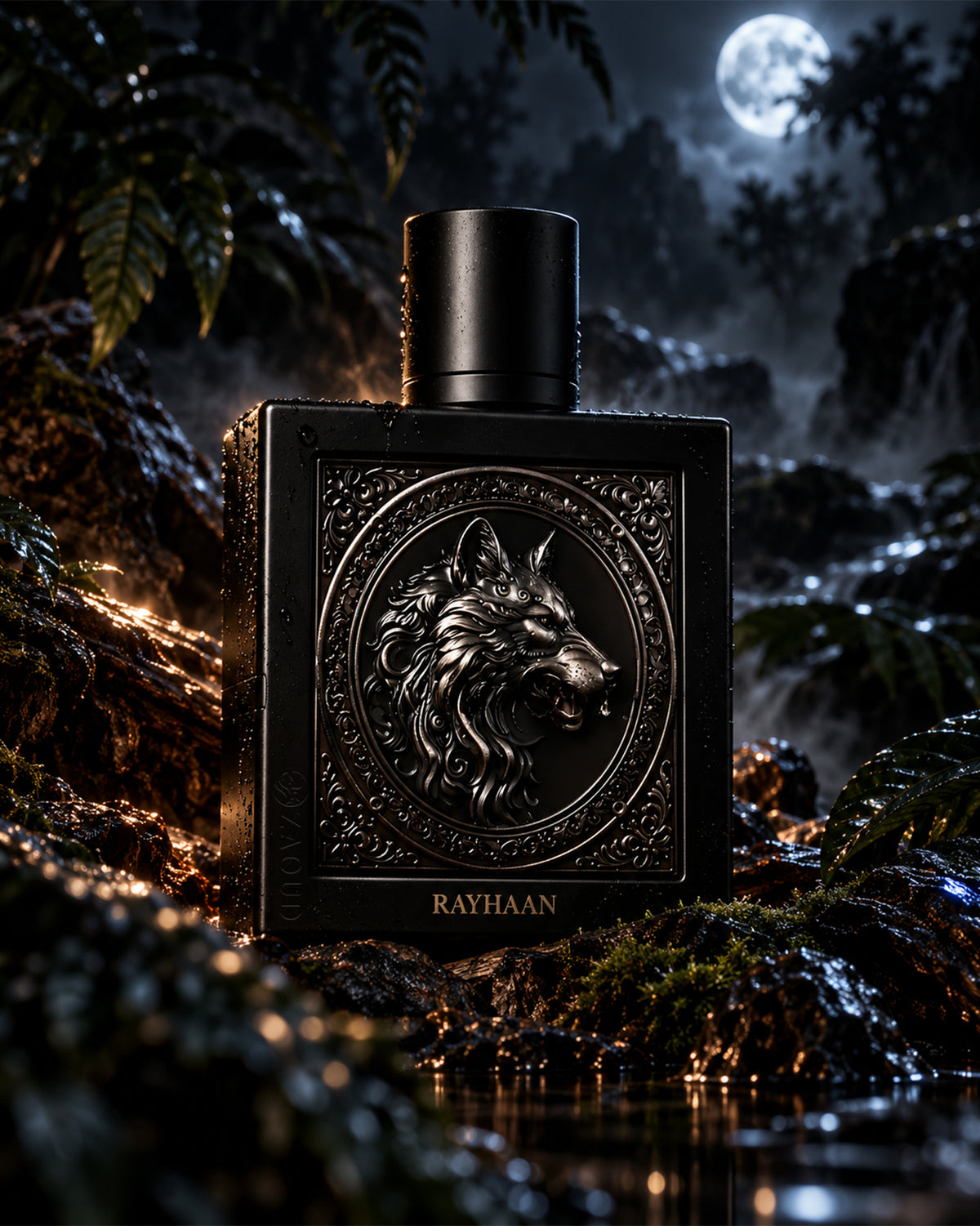 rayhaan wolf perfume bottle photograph inside dark jungle against moonshine 
