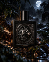 rayhaan wolf perfume bottle photograph inside dark jungle against moonshine 