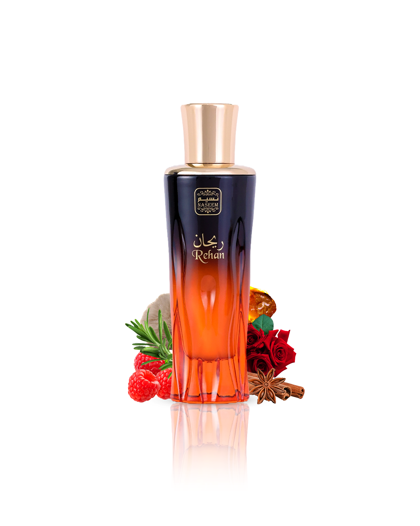 rehan aqua parfum by naseem perfume bottle surrounded with raspberry and rose with many more shows from behind the bottle  against white background