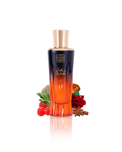 rehan aqua parfum by naseem perfume bottle surrounded with raspberry and rose with many more shows from behind the bottle  against white background