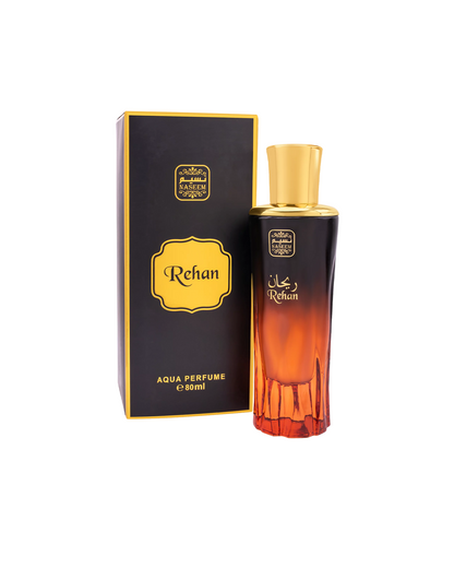 rehan aqua parfum by naseem perfume bottle beside its box shows against white background