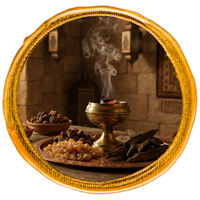 Incense burner with smoke and aromatic incense on a bronze tray