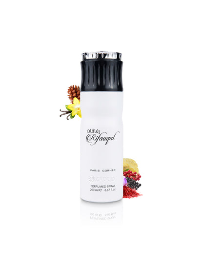 rifaaqat deodorant can surrounded with spices and vanilla shows against white background