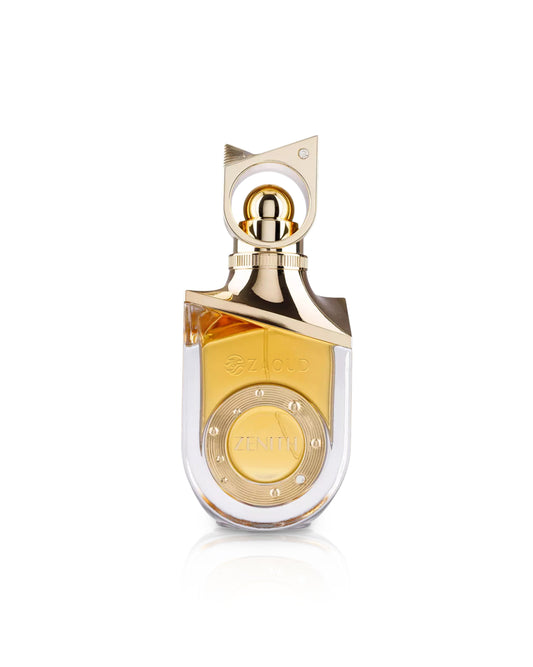 Riiffs zenith Perfume bottle with gold cap and clear body on a white background