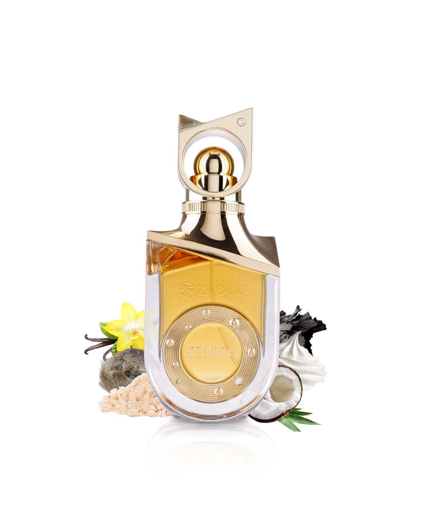 Riiffs zenith Gold and silver perfume bottle with decorative elements like coconut and vanilla on a white background