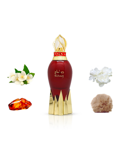 ritaaj aqua parfum by naseem perfume bottle surrounded with its ingredients like amber and musk shows against white background