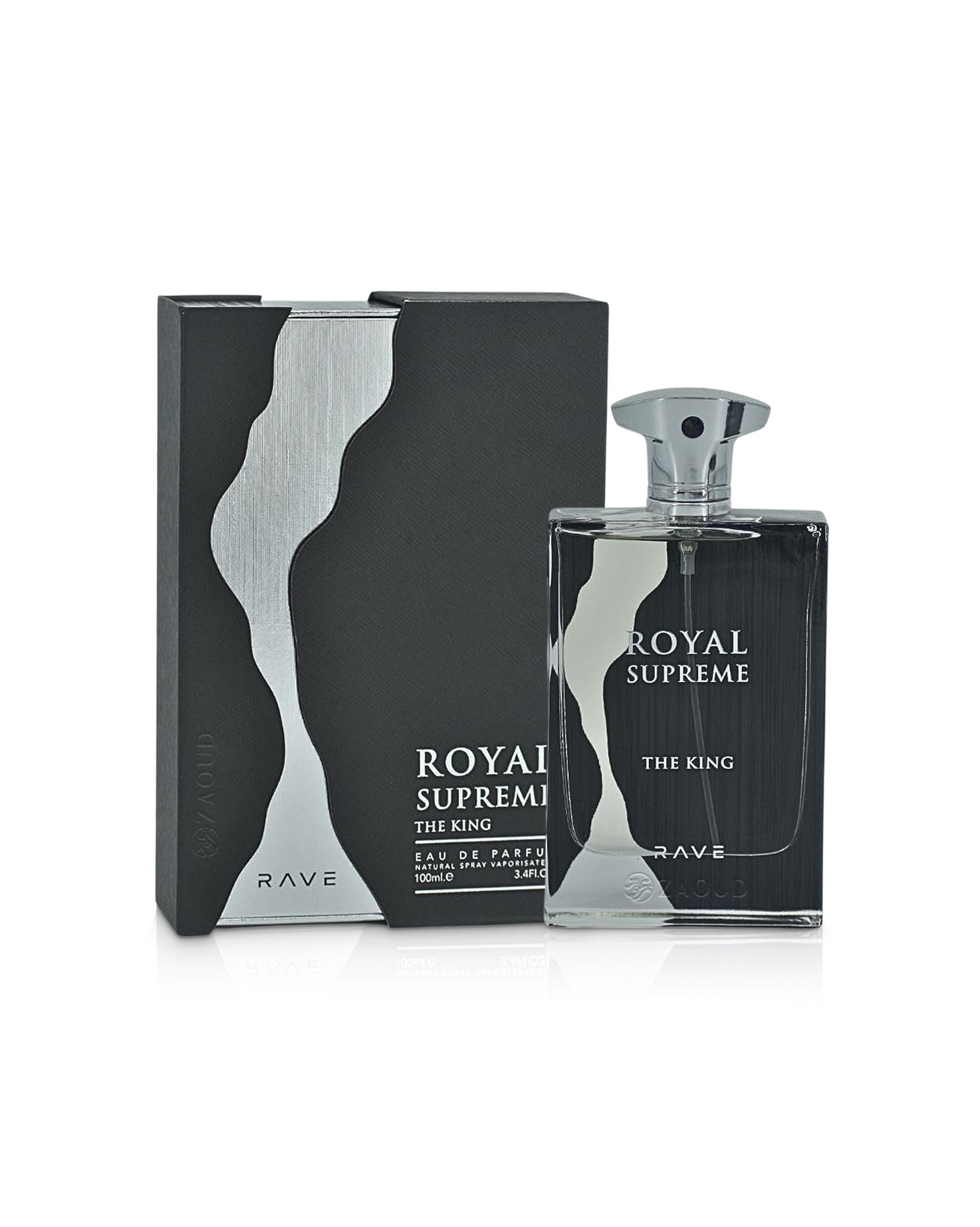 royal supreme the king perfume bottle shows beside its box against white background