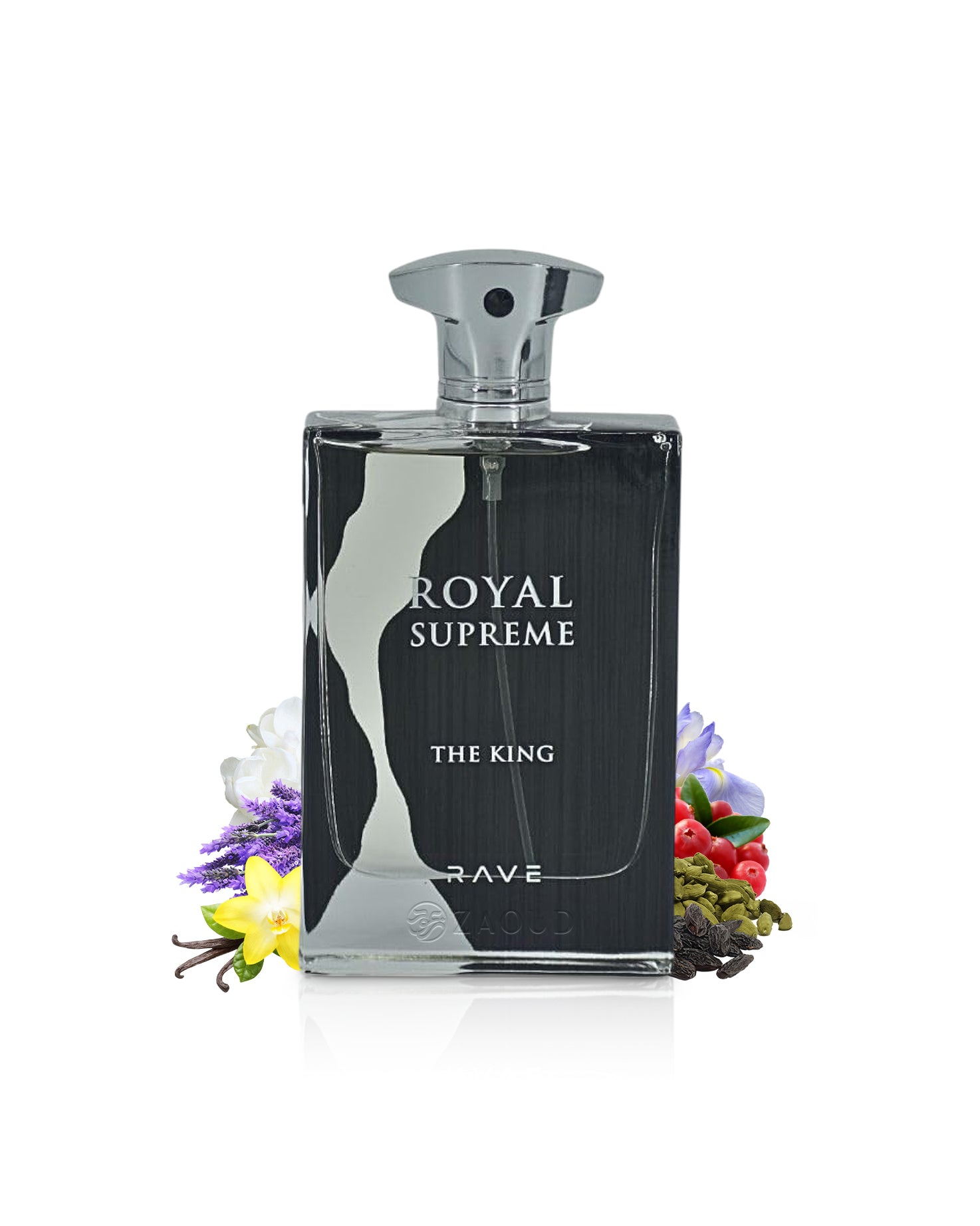 royal supreme the king perfume bottle surrounded with fragrance notes like vanilla and cardamom shows against white background