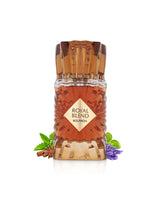 royal blend bourbon perfume bottle surrounded with fragrance notes like cinnamon and lavender shows against white background