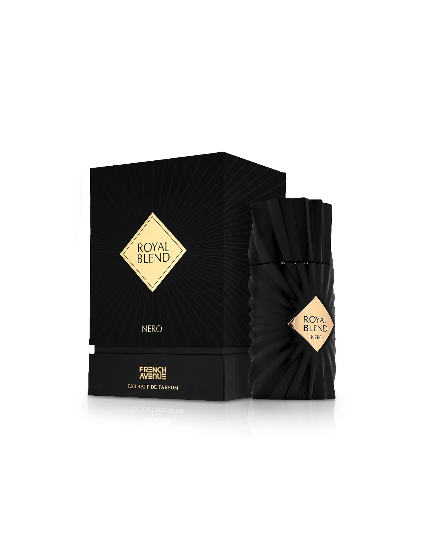 french avenue royal blend nero perfume bottle shows beside its box  against white background