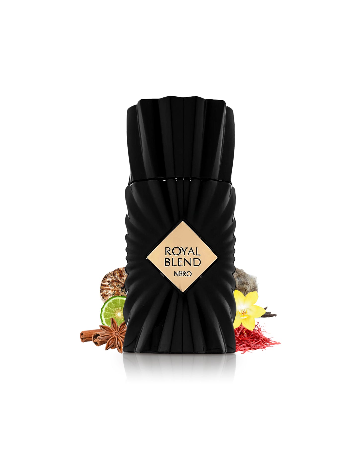 french avenue royal blend nero perfume bottle surrounded with its ingredients like cinnamon and nutmeg with many others like vanilla and saffron shows from behind the bottle against white background