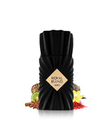french avenue royal blend nero perfume bottle surrounded with its ingredients like cinnamon and nutmeg with many others like vanilla and saffron shows from behind the bottle against white background