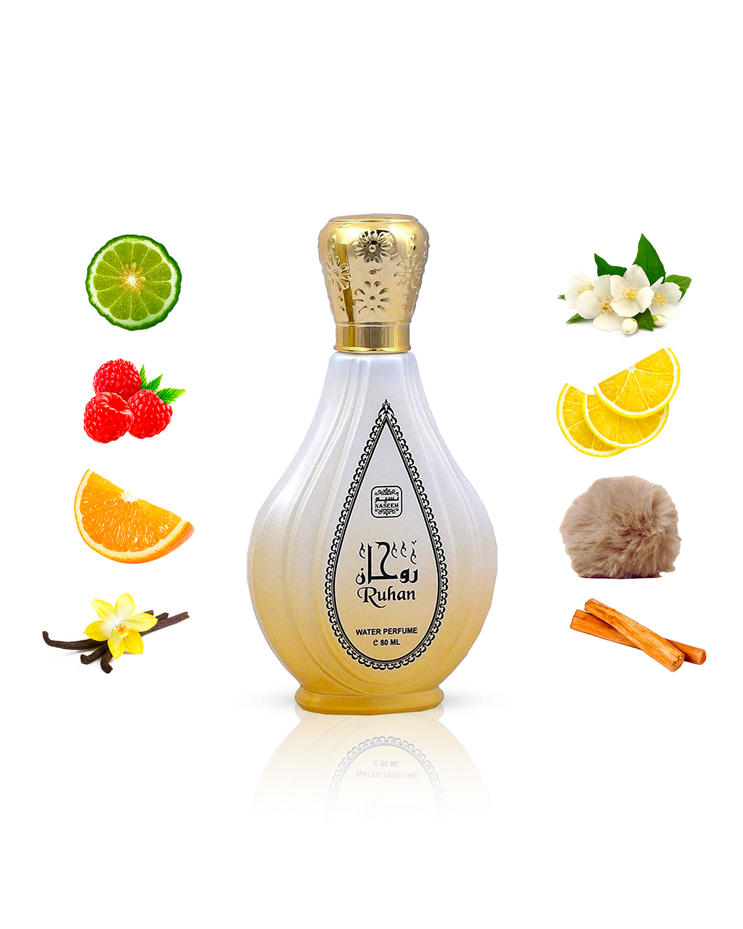 ruhan aqua parfum by naseem perfume bottle surrounded with its ingredients like orange and vanilla shows against white background