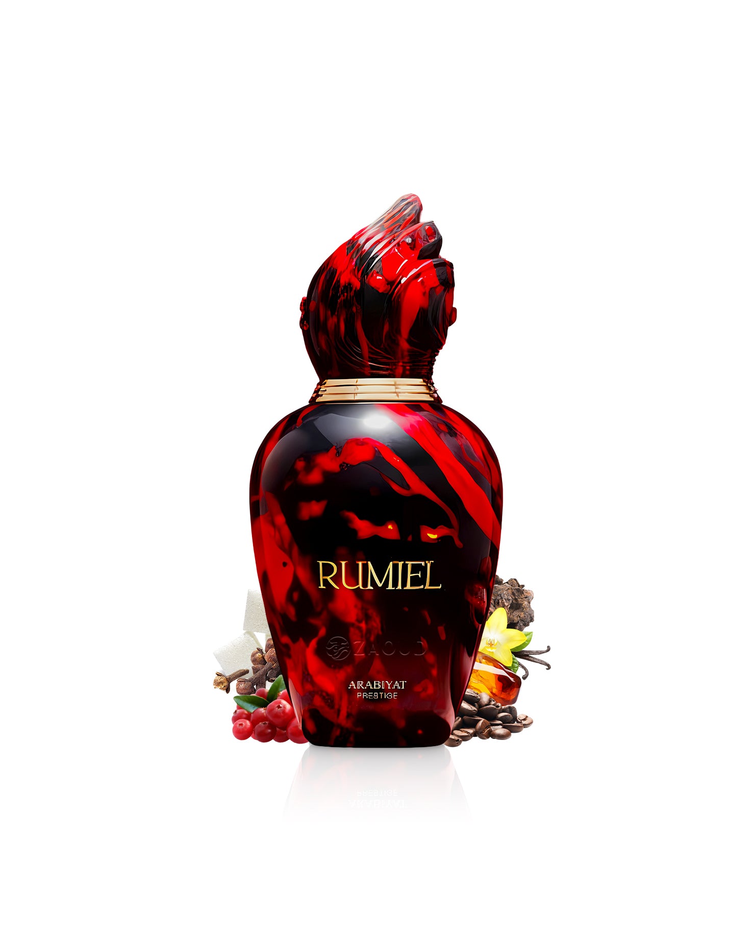 rumiel arabiyat prestige perfume bottle surrounded by fragrance notes like pink pepper and coffshows against white backgrounde 