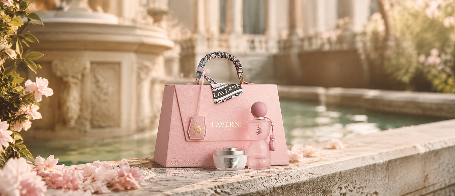 SENSE Handbag x Georgina Rodriguez perfume bottle photograph over marble surface with water fountain in back