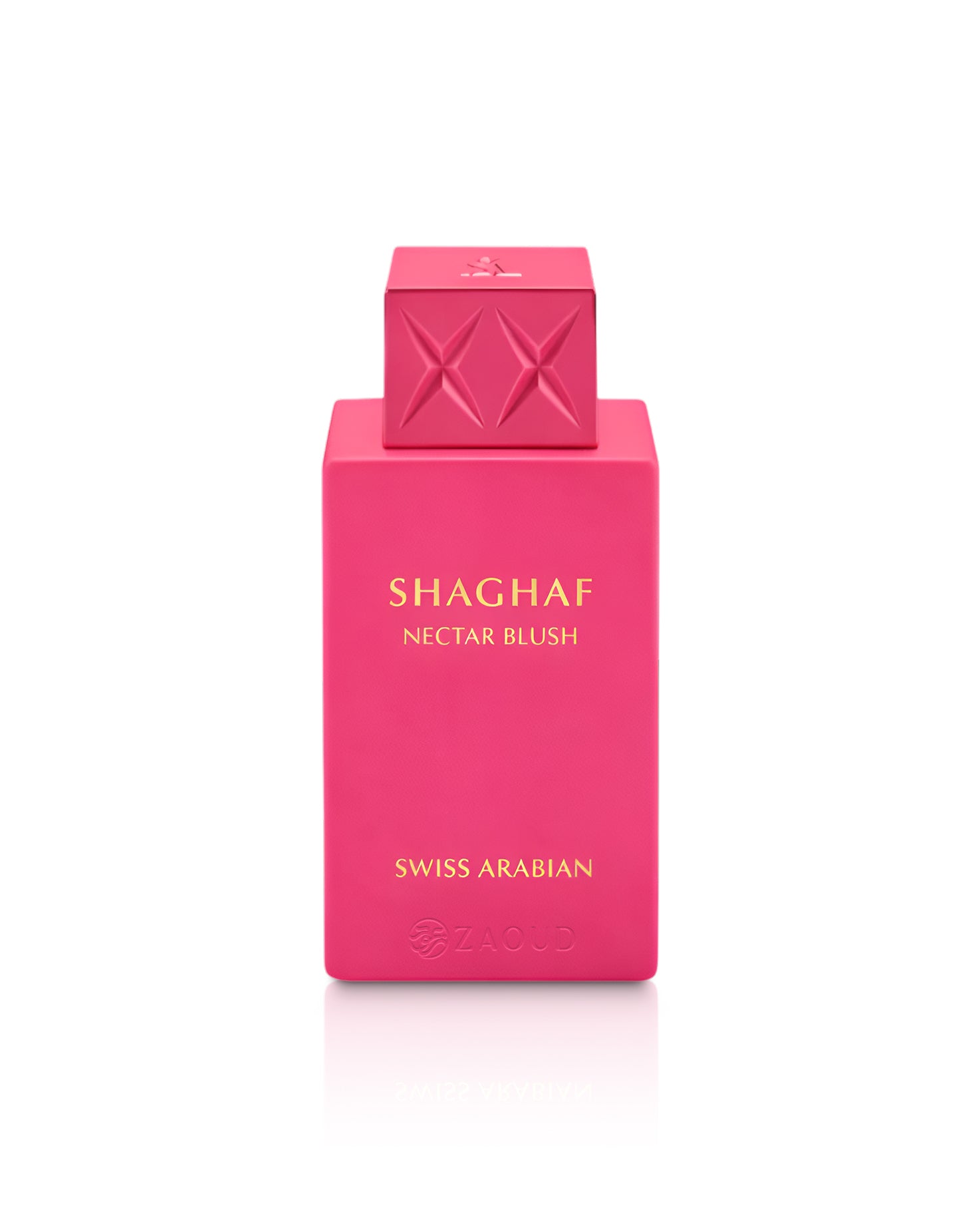 Pink perfume bottle with 'Shaghaf Nectar Blush' and 'Swiss Arabian' text on a white background