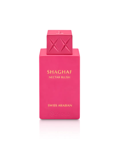 Pink perfume bottle with 'Shaghaf Nectar Blush' and 'Swiss Arabian' text on a white background