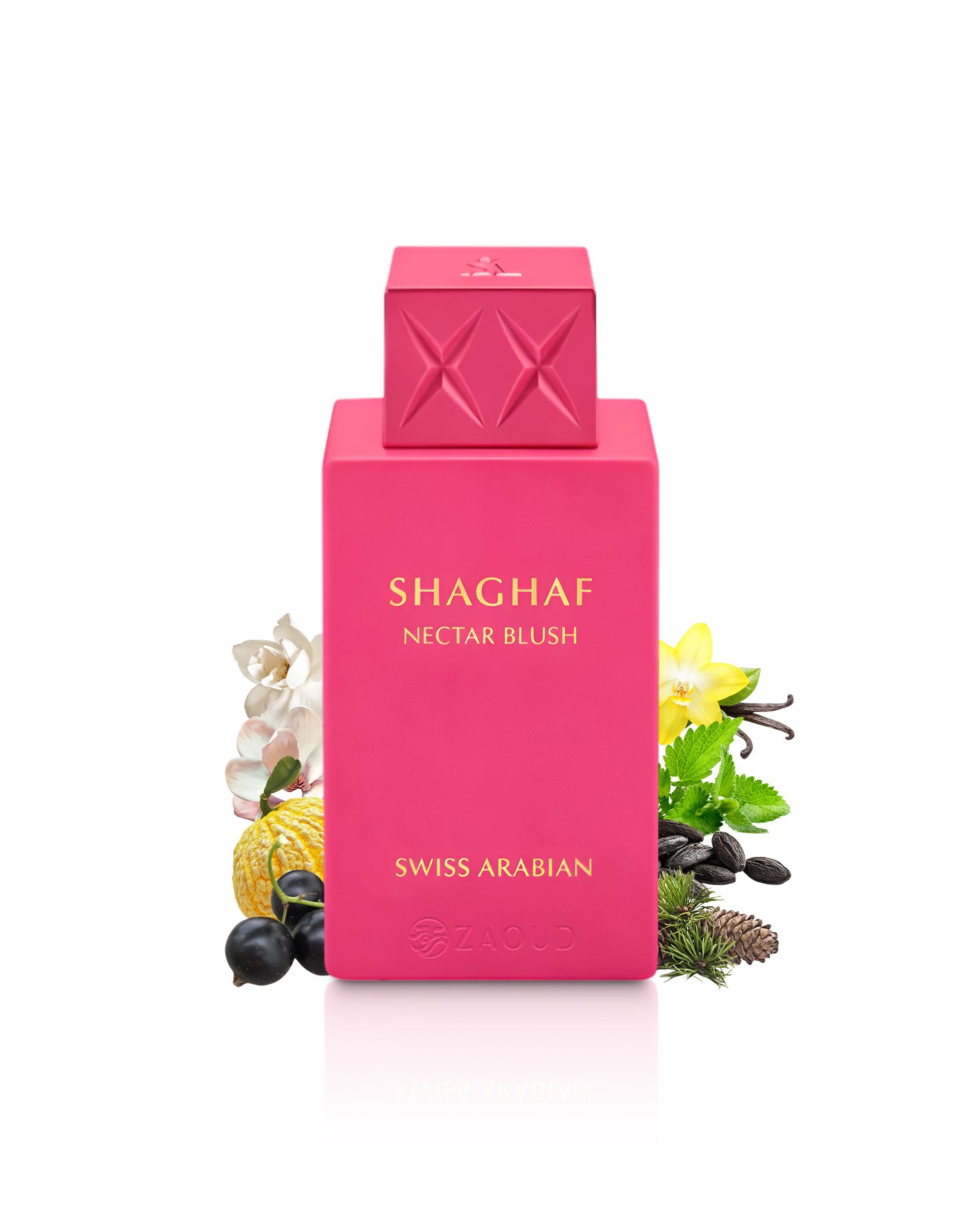 Pink Shaghaf Nectar Blush perfume bottle with floral and fruit elements on a white background