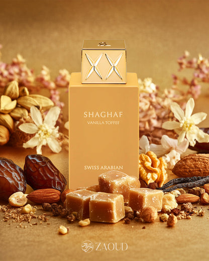 swiss arabian shaghaf vanilla toffee perfume bottle placed on a luxurious blend of creamy sweets, dates, nuts, and exotic spices, evoking rich Arabian fragrance notes with hints of vanilla and toffee.