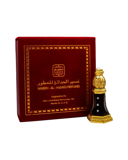 SHIYUFI DAHN al oud by naseem perfume bottle beside its luxury box shows against white background