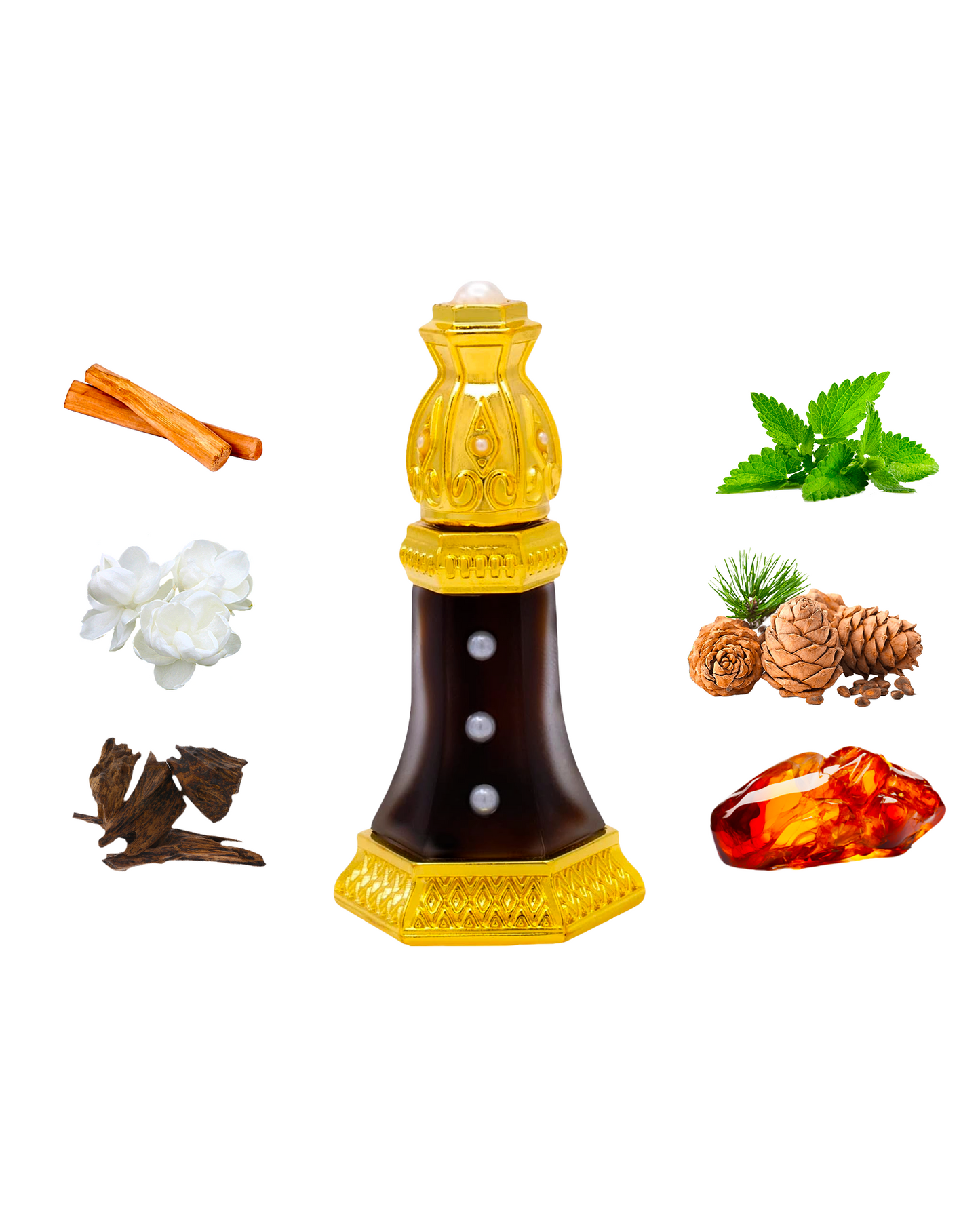 SHIYUFI DAHN al oud by naseem perfume bottle surrounded with its ingredients like oud and amber shows against white background