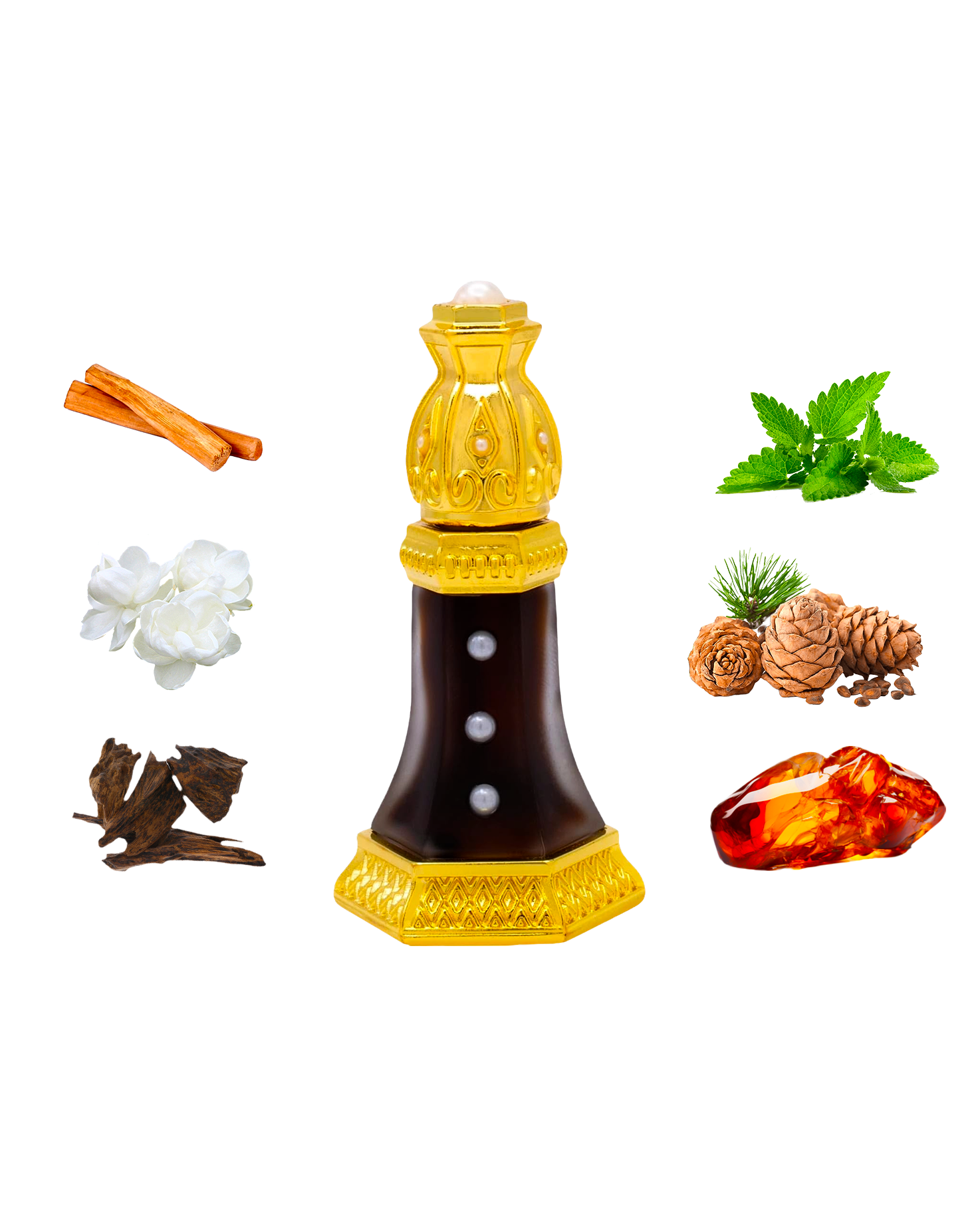 SHIYUFI DAHN al oud by naseem perfume bottle surrounded with its ingredients like oud and amber shows against white background