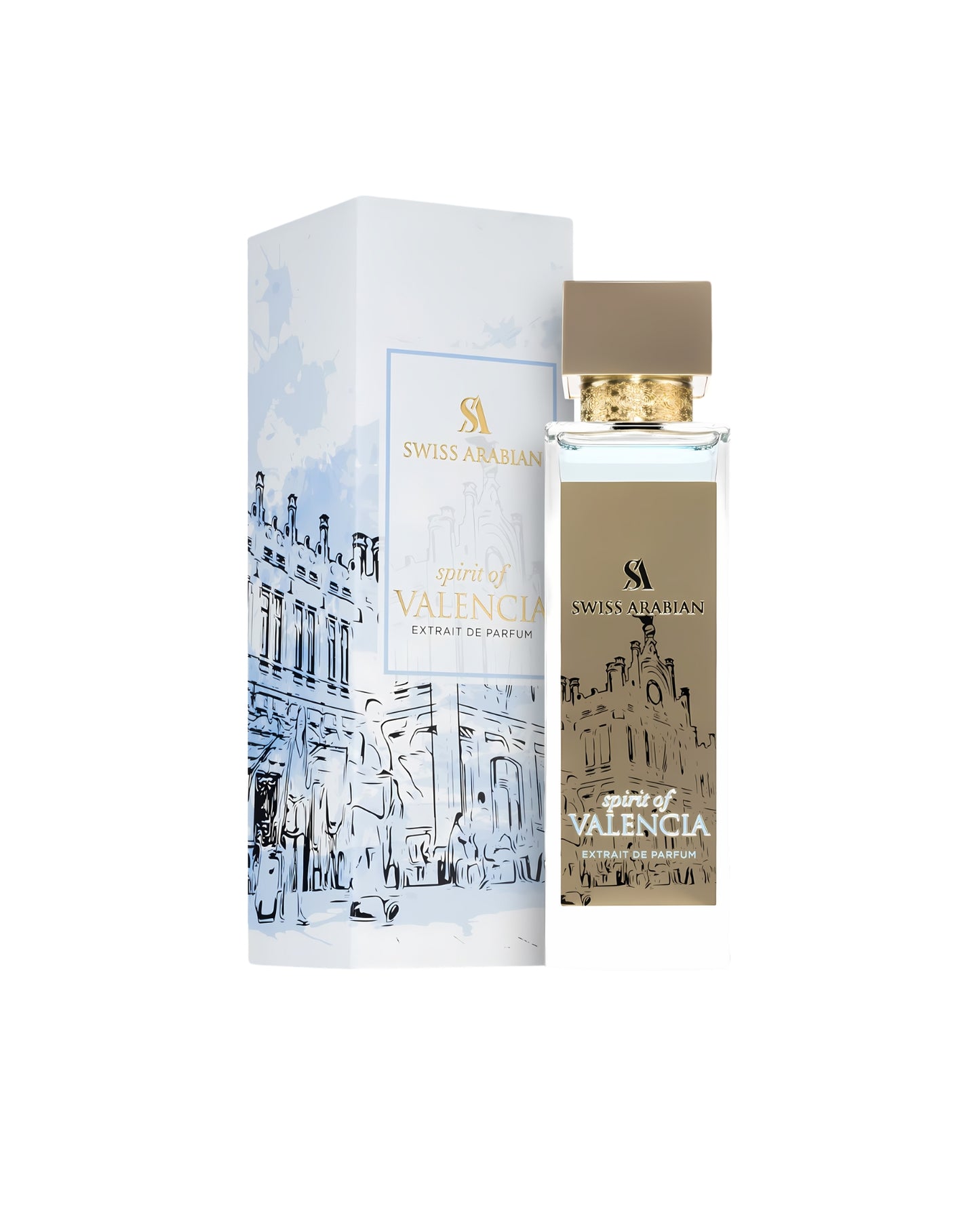 spirit of valencia by swiss arabian perfume bottle beside its box shows against white background