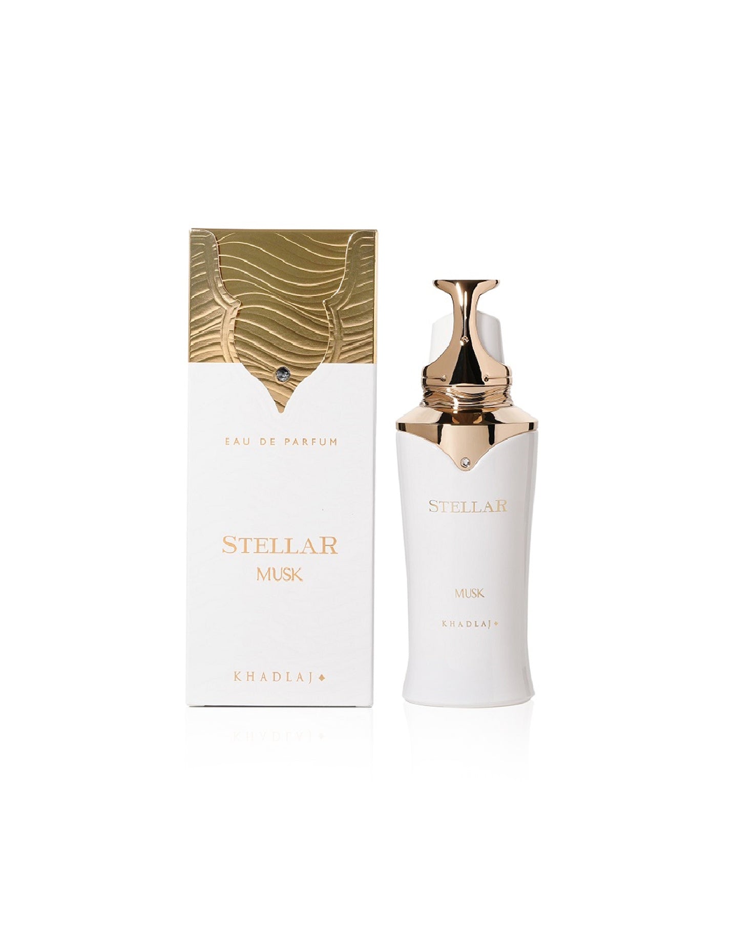 STELLAR MUSK edp perfume bottle and box against white background