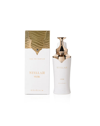 STELLAR MUSK edp perfume bottle and box against white background