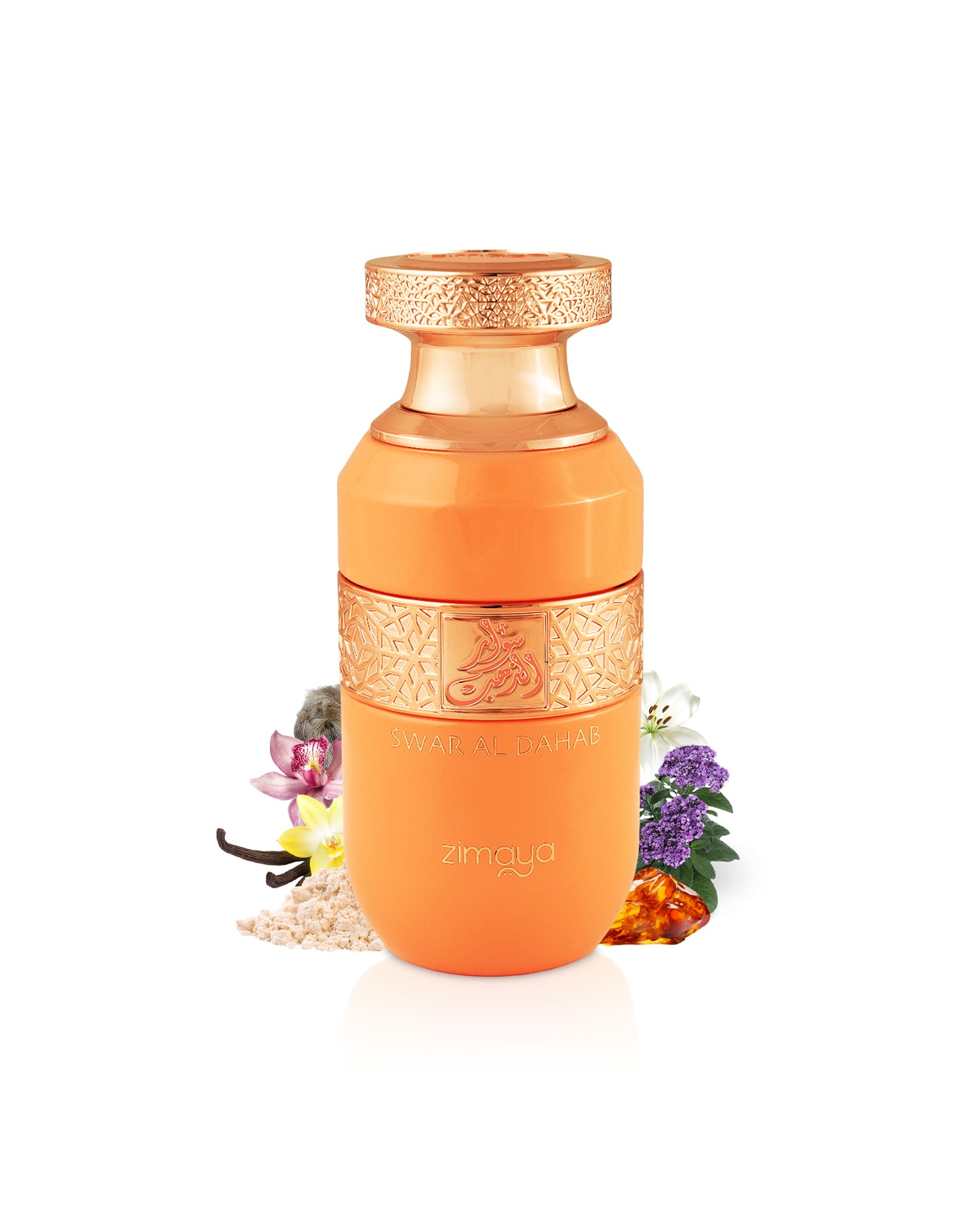 zimaya swar al dahab perfume bottle surrounded with fragrance notes like vanilla and amber shows from behind the bottle  against white background