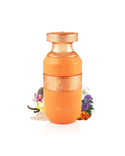 zimaya swar al dahab perfume bottle surrounded with fragrance notes like vanilla and amber shows from behind the bottle  against white background