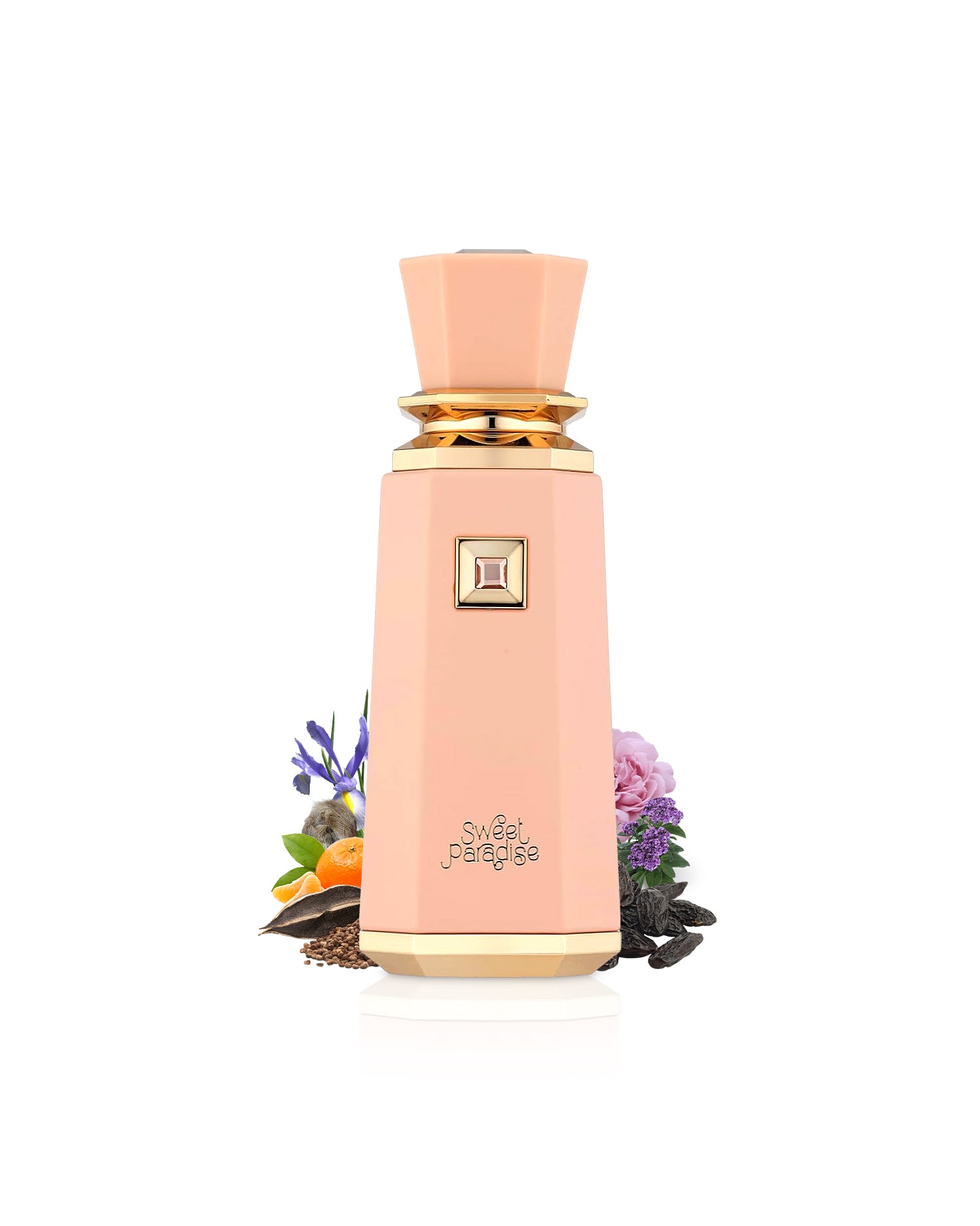 FRENCH AVENUE sweet paradise perfume bottle surrounded with its fragrance notes like orange and tonka shows from behind the bottle against white background