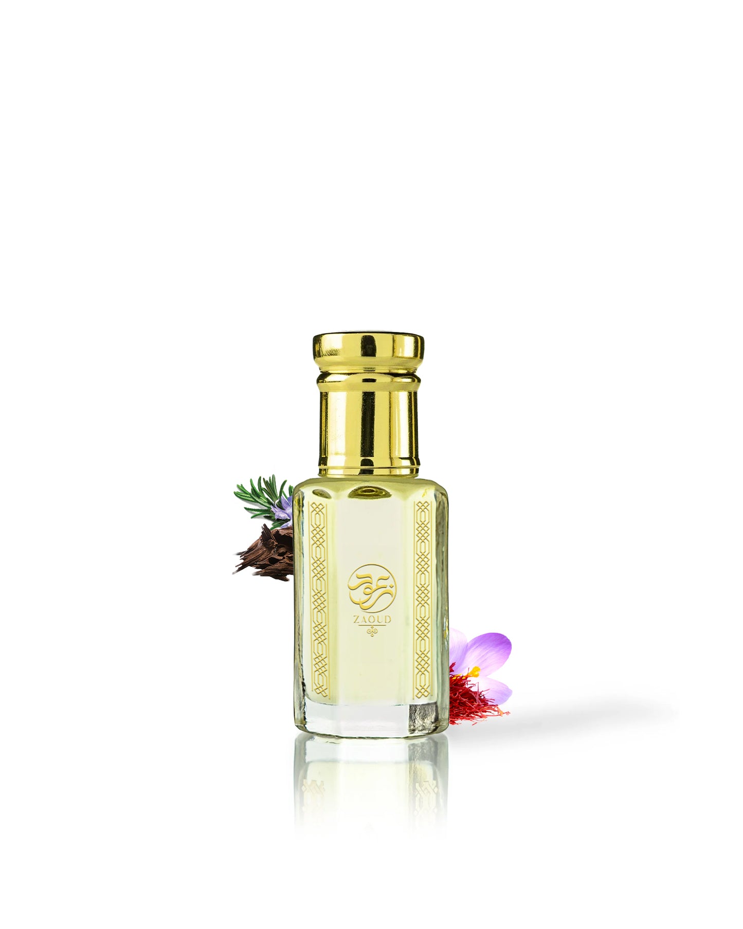 Saffron 33 perfume oil bottle surrounded by fragrance notes like saffron and oud shows against white background