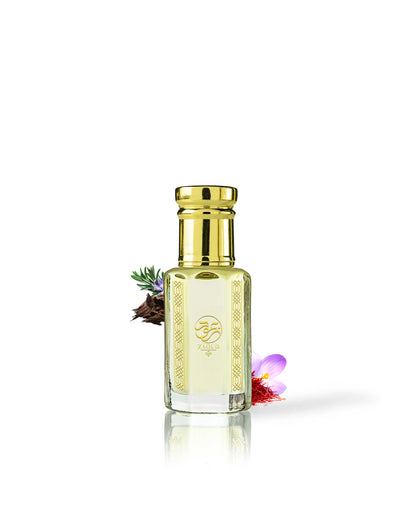 Saffron 33 perfume oil bottle surrounded by fragrance notes like saffron and oud shows against white background