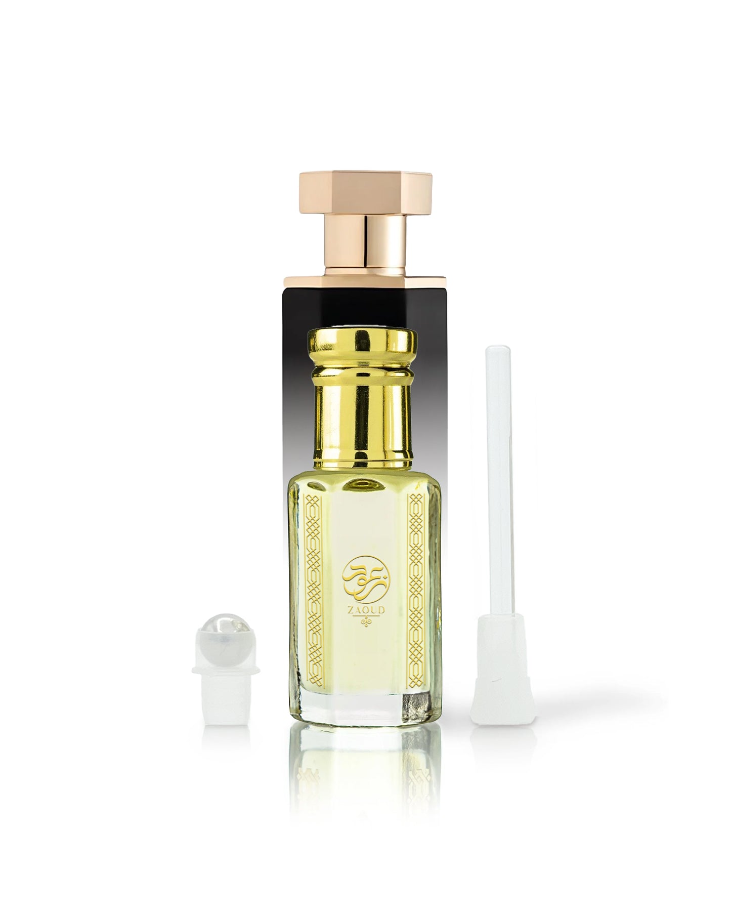 Saffron 33 perfume oil bottle with reef 33 behind shows against white background