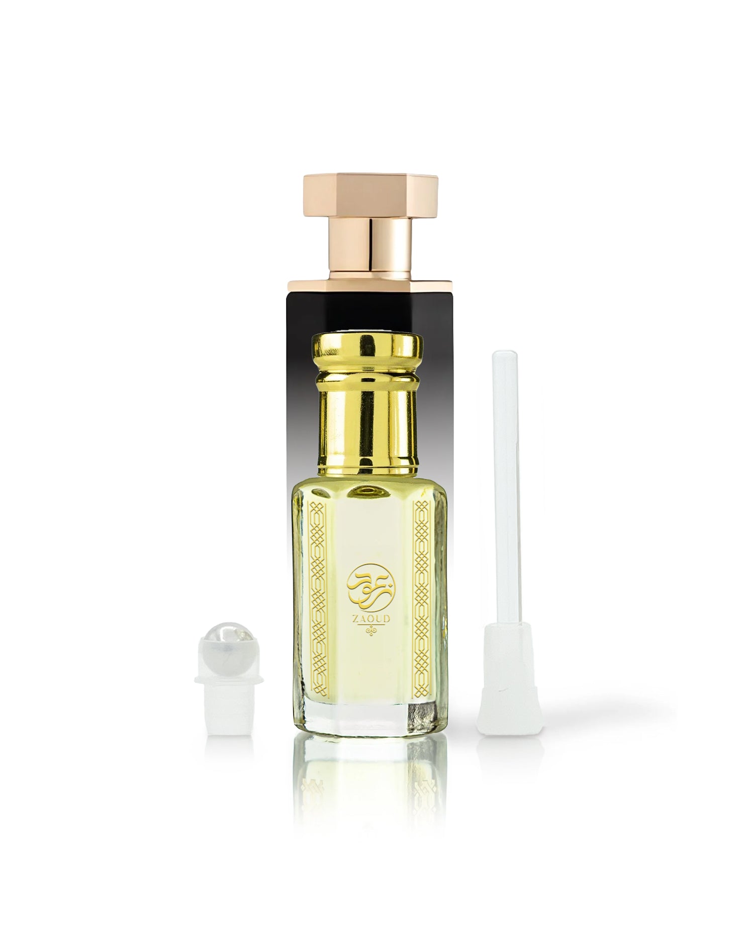 Saffron 33 perfume oil bottle with reef 33 behind shows against white background