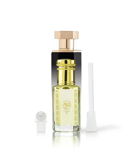 Saffron 33 perfume oil bottle with reef 33 behind shows against white background