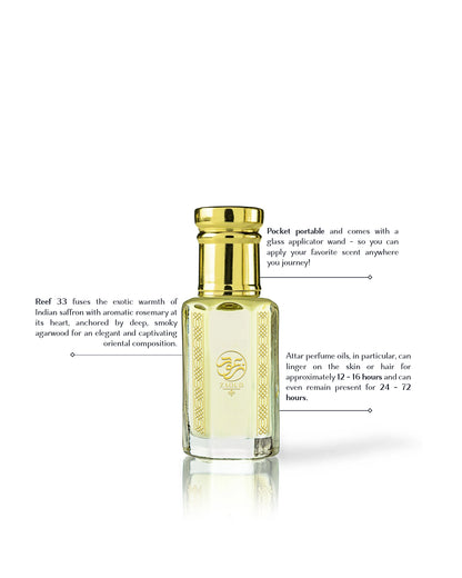 Saffron 33 perfume oil bottle beside written fragrance informations shows against white backgrund