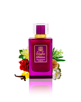 SAKINA AQUA PARFUM by naseem perfumes bottle surrounded with its ingredients like rose and vanilla with many more shows from behind the bottle against white background