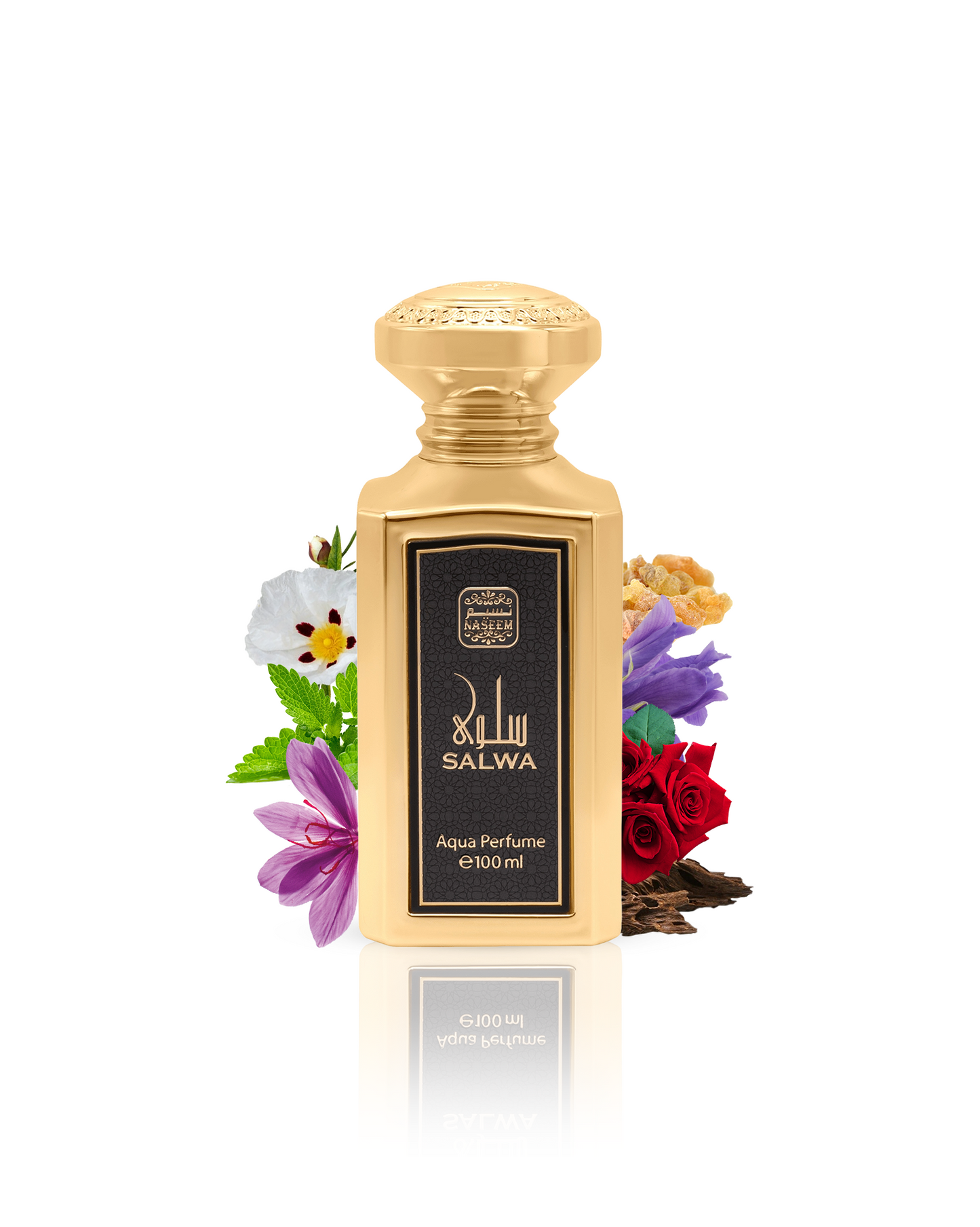 salwa aqua parfum by naseem perfume bottle surrounded with its ingredients like rose and labdanum shows from behind the bottle against white background