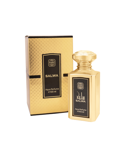 salwa aqua parfum by naseem perfume bottle beside its box shows against white background