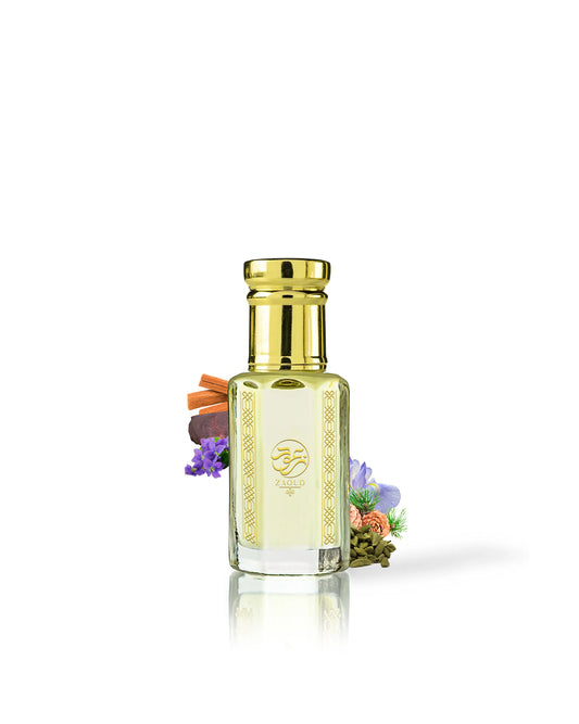 sandal smoke perfume oil bottle Gold cap with decorative elements like cardamom and iris on a white background