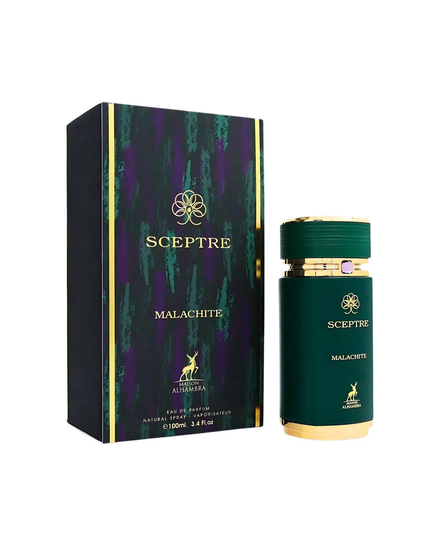 SCEPTRE MALACHITE perfume bottle shws beside its box against white background