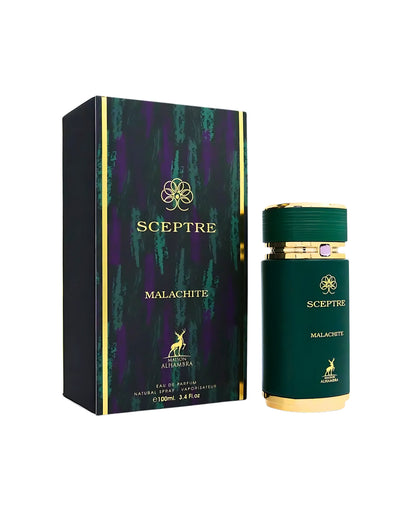 SCEPTRE MALACHITE perfume bottle shws beside its box against white background