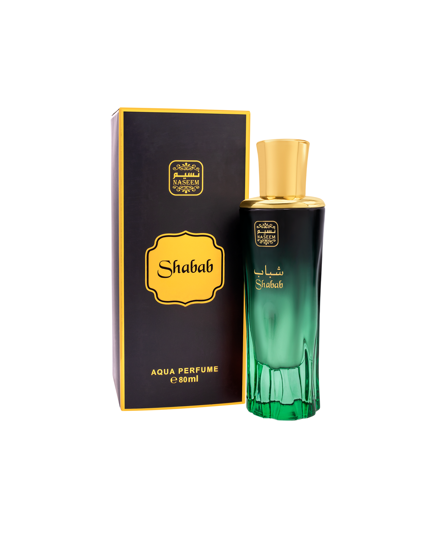 Shabab aqua parfum by naseem perfume bottle beside its box shows against white background